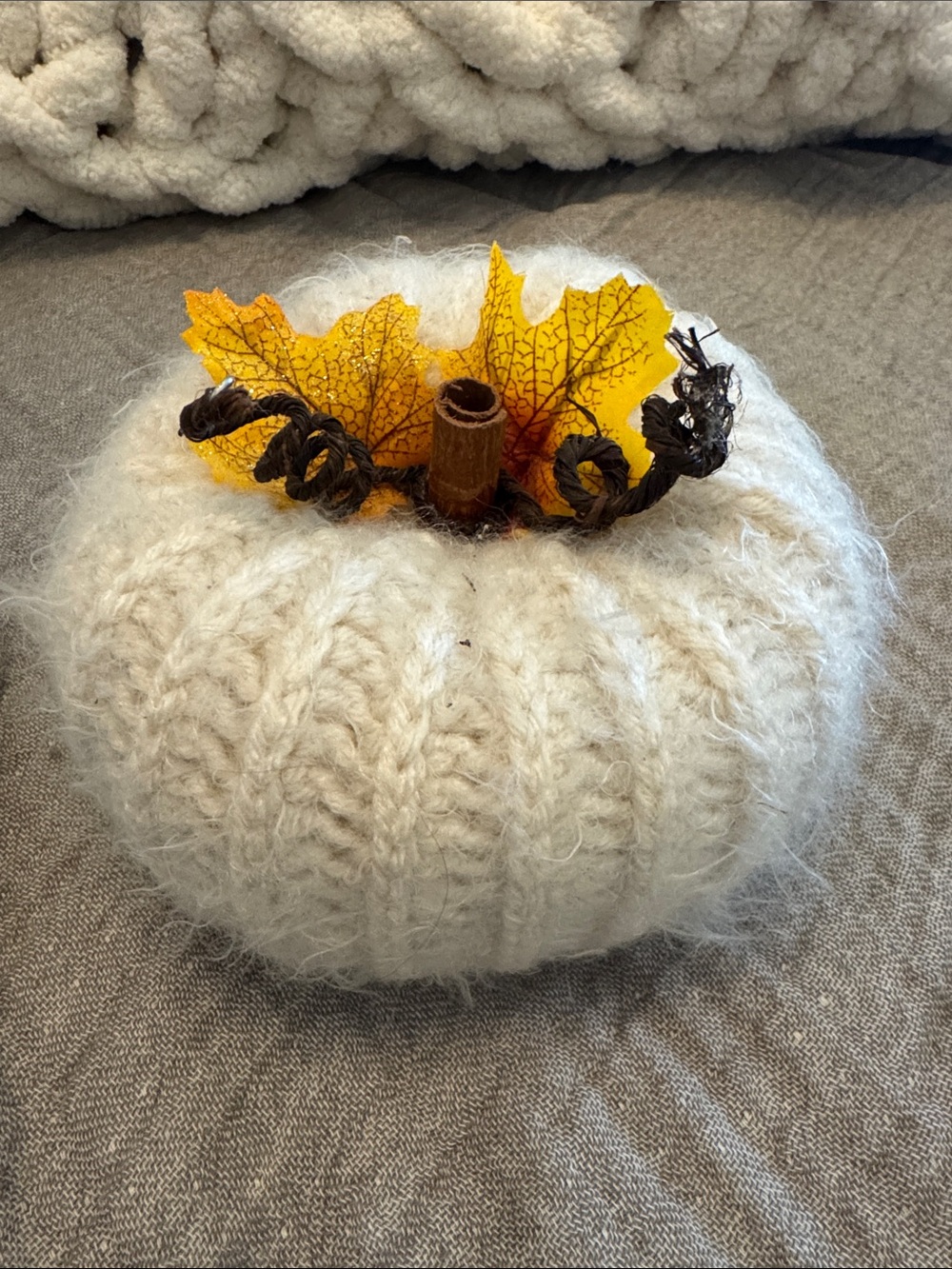 Handmade Cozy Cream Knit Pumpkin with Autumn Leaf Accent